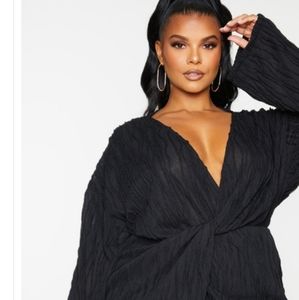 Plus Black Textured Wrap Front Dress